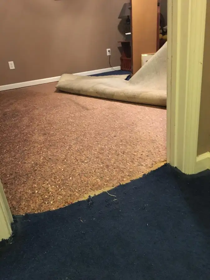 Carpet pad removal revealing water damage during Water Mitigation Services in Castroville